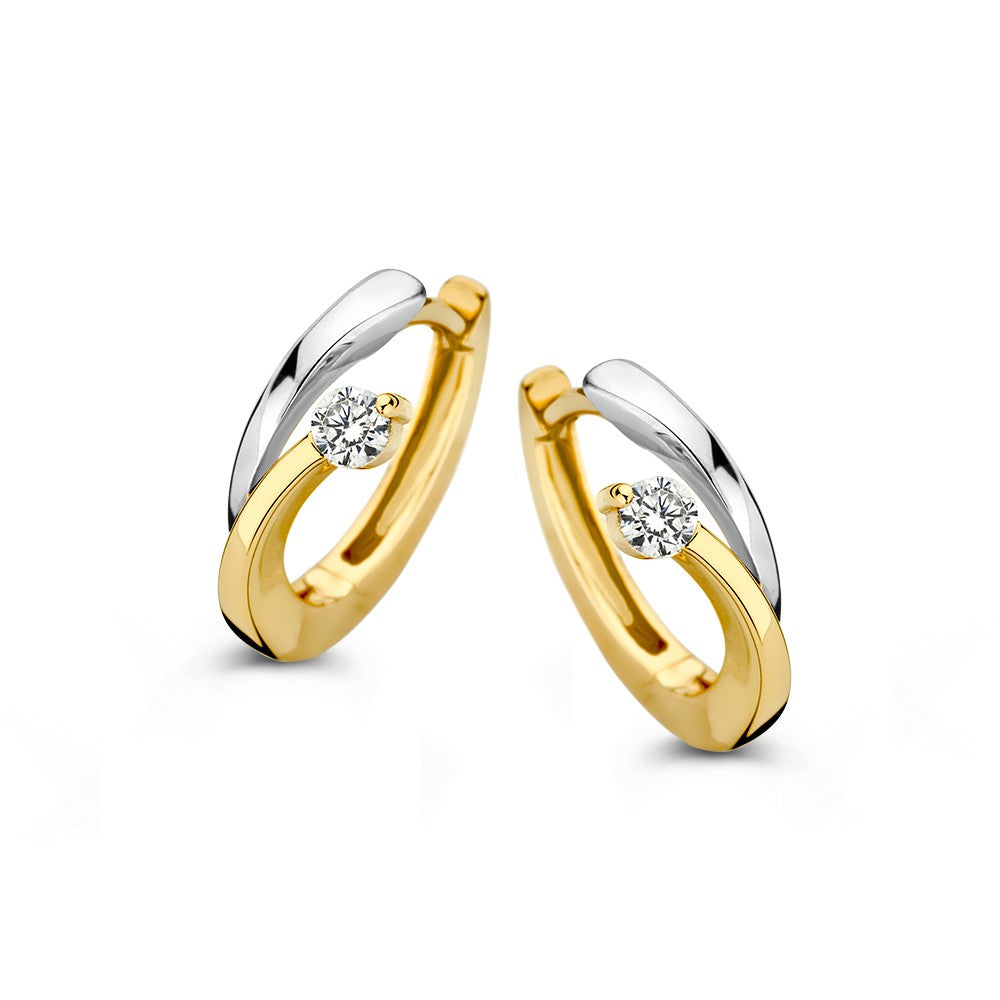 Orecchini bicolori in oro bianco e giallo con zircone, design elegante e sottile.