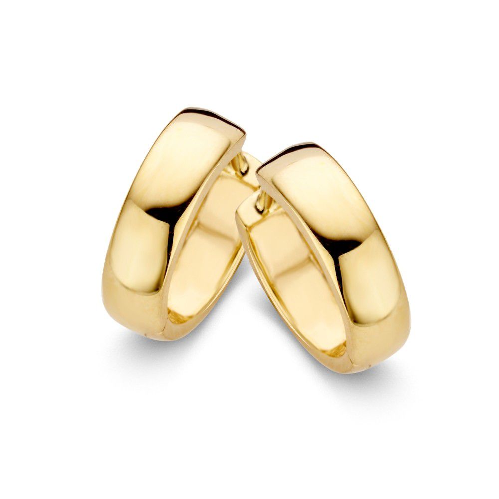 Orecchini alla creola in oro giallo 14 carati, larghi 4 mm, design elegante e lucido.