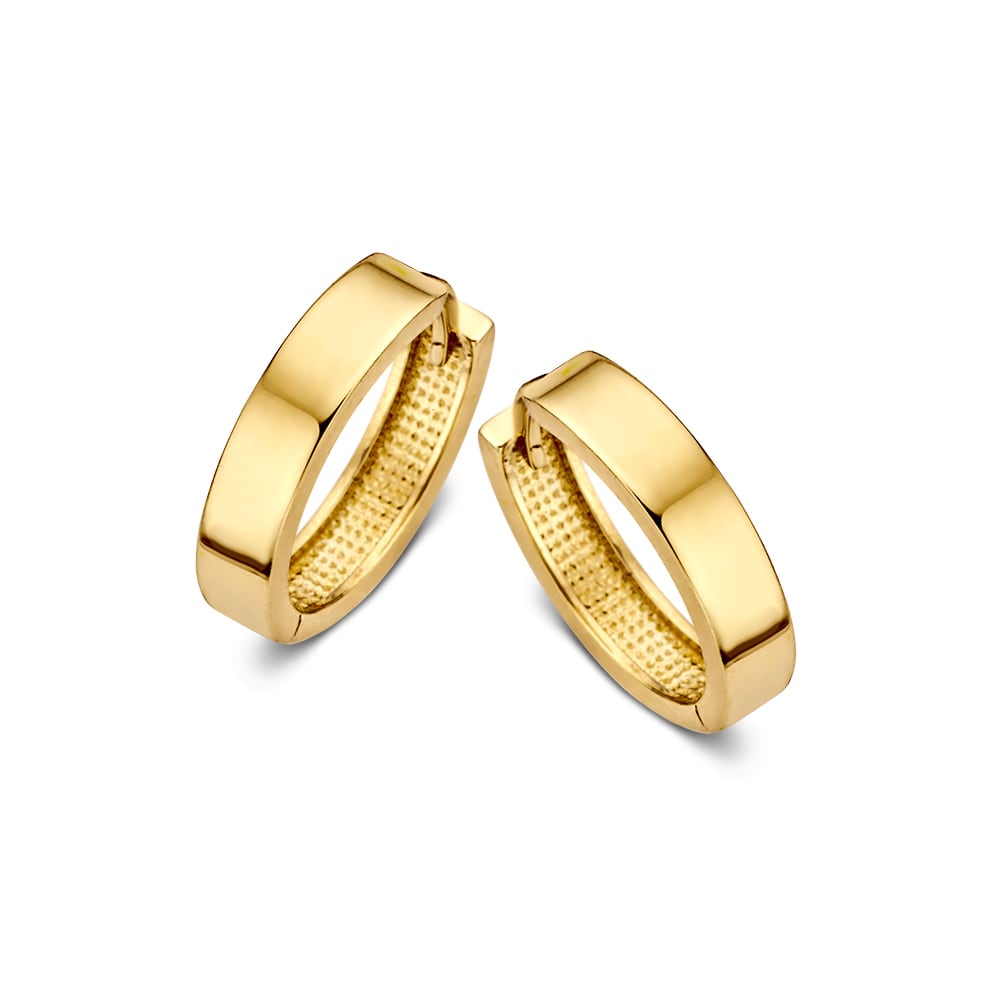 Orecchini in oro giallo 14 carati con design sottile, misura interna 12 x 10 mm.