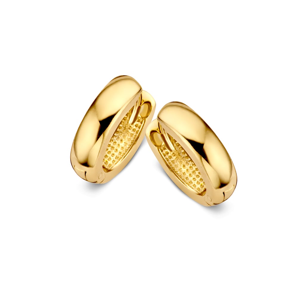 Orecchini in oro giallo 14 carati con design semplice ed elegante, misura interna 10 x 8 mm.