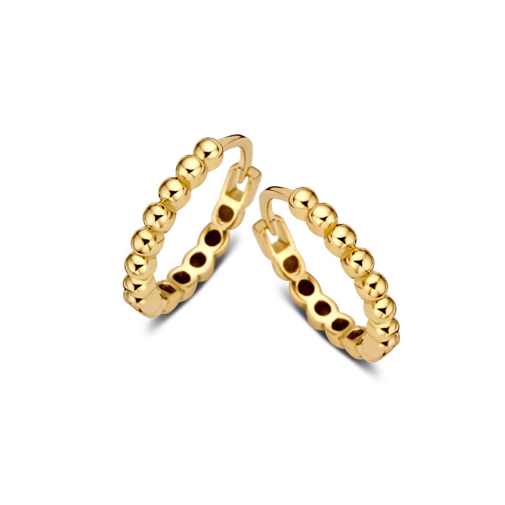 Orecchini alla creola in oro giallo 14 carati, design minimalista con dettagli sferici.