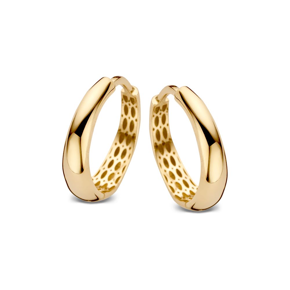 Orecchini alla creola in oro giallo 14 carati, con design a forma conica e finitura lucida.