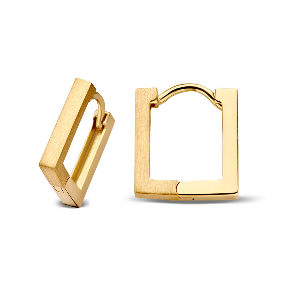 Orecchini a Cerchio in Oro Giallo con Design Quadrato – 14 Carati – Finitura Opaca e Lucida – Van der Kooij