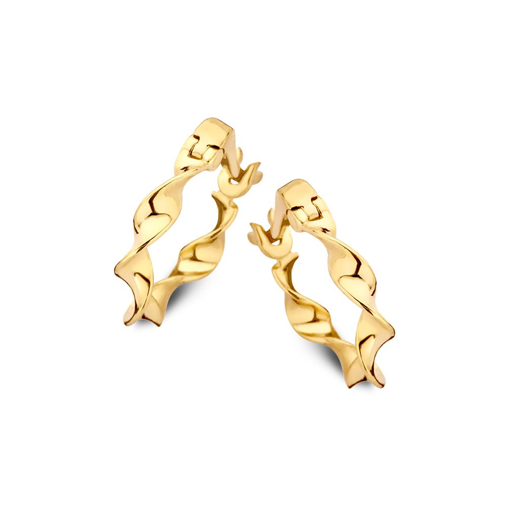 Orecchini in oro giallo con design intrecciato, forma ondulata e finitura lucida.