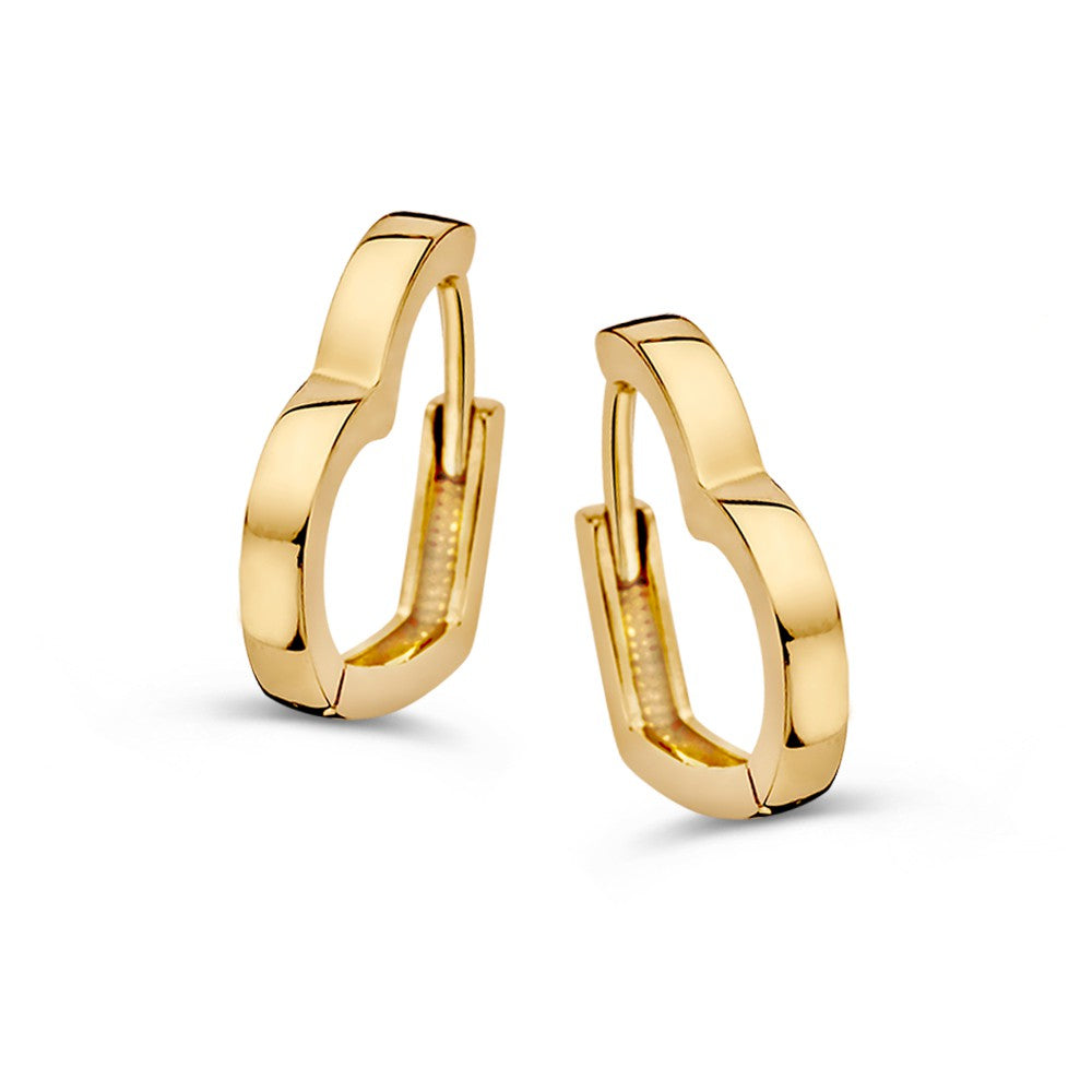 Orecchini a forma di cuore in oro giallo, con finitura lucida e chiusura a scatto.