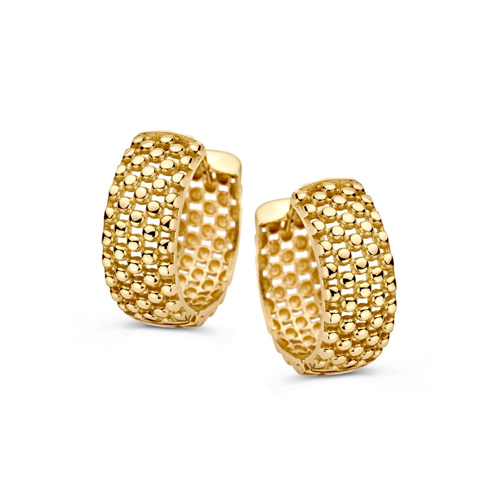Orecchini alla creola in oro giallo con motivo a pallini, design elegante e senza tempo.