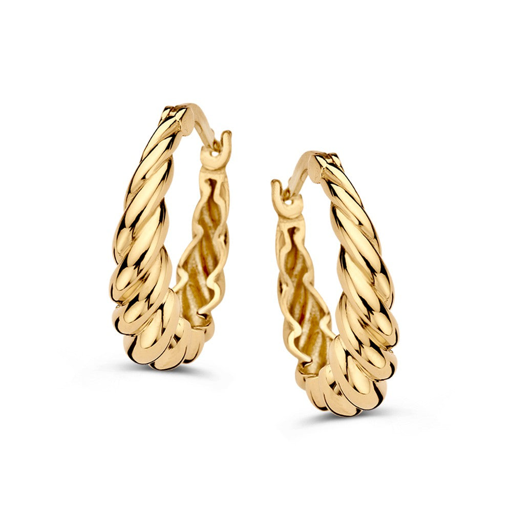 Orecchini in oro giallo con design a spirale, finitura lucida e chiusura a scatto.