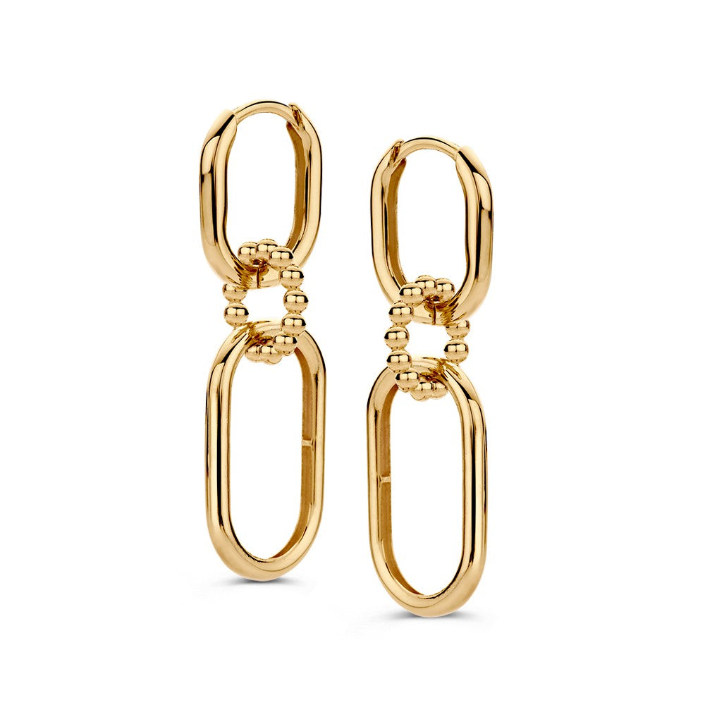 Orecchini in oro giallo con elementi a catena, design audace e raffinato.