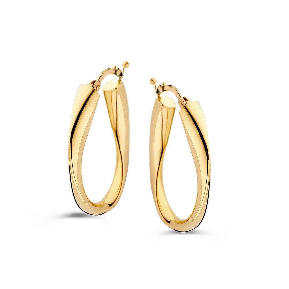 Orecchini in oro giallo 14 carati con una forma a spirale e chiusura a scatto.