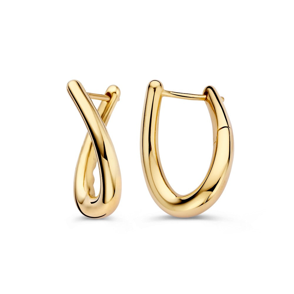Orecchini a cerchio giocosi in oro giallo con twist – Eleganza in movimento