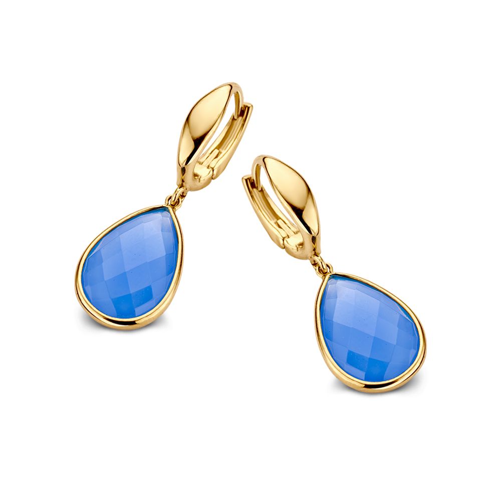 Orecchini in oro giallo con goccia di calcedonio blu, finitura lucida e forma a goccia.