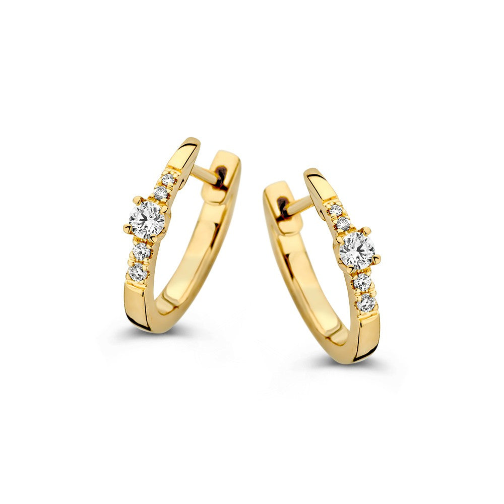 Orecchini in oro giallo 14 carati con diamanti brillanti, misura 13 mm.