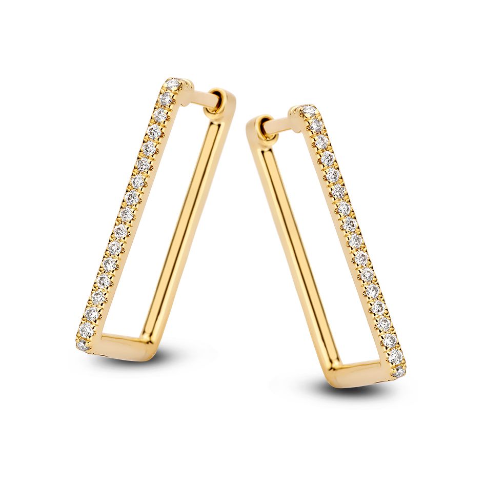 Orecchini in oro giallo con diamanti, design rettangolare e lineare.