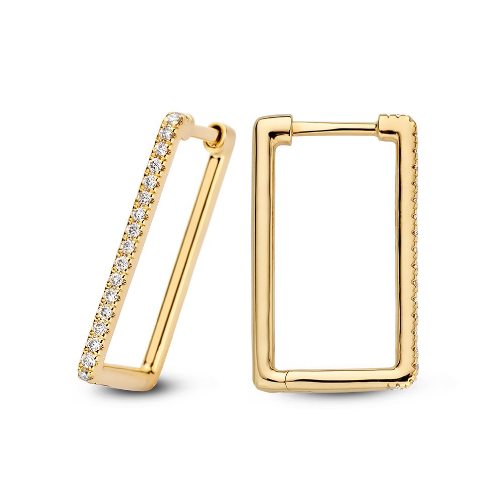Eleganti orecchini a cerchio in oro giallo con diamante, design lineare e rettangolare