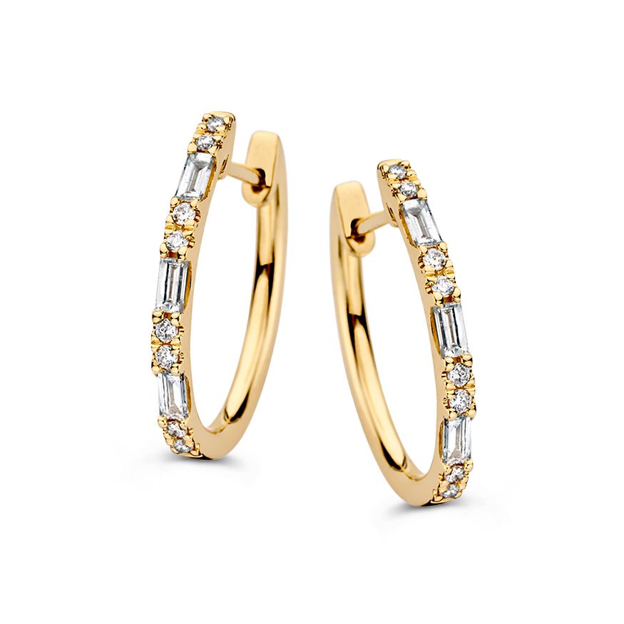 Orecchini in oro giallo con diamanti baguette e brillanti, totale 0,38 crt.
