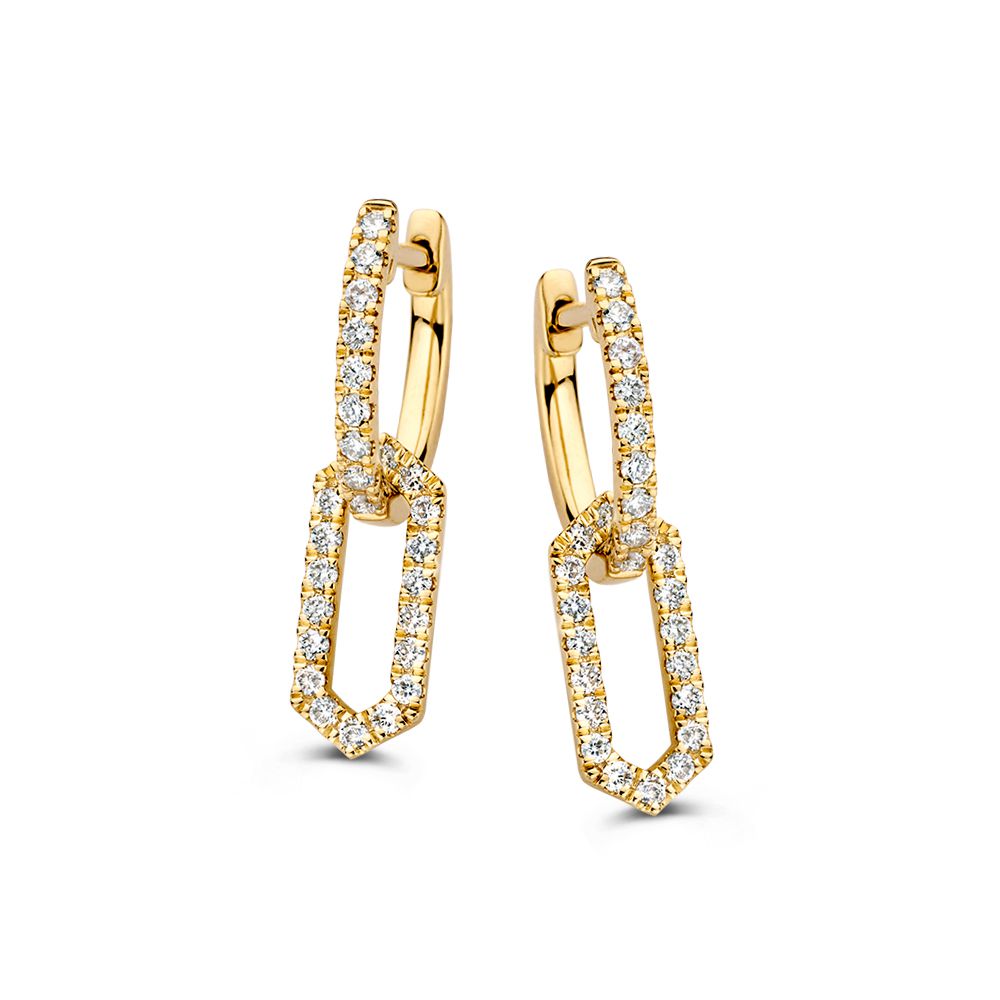 Orecchini in oro giallo con pendenti a forma di rettangolo, decorati con diamanti da 0,42 crt.