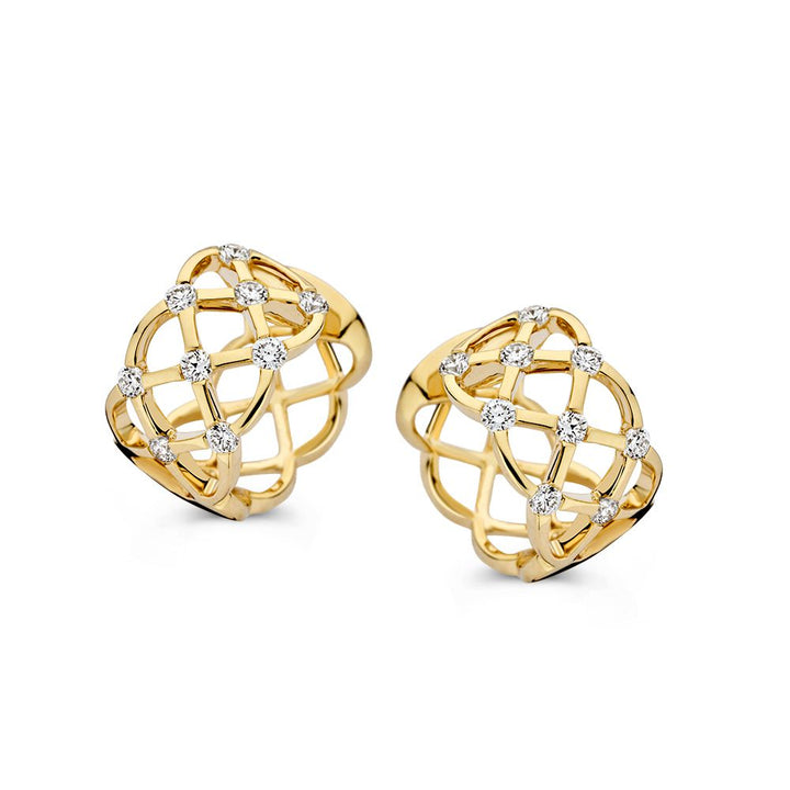 Prachtige Geelgouden Oorringen met Diamant en Geweven Patroont 0,44 crt.