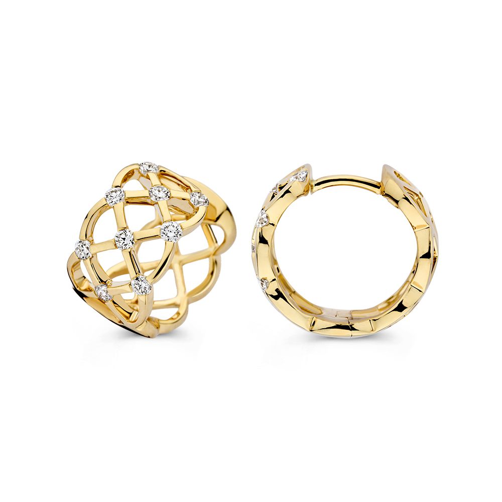 Splendidi Orecchini a Cerchio in Oro Giallo con Diamante e Motivo Intrecciato 0,44 ct.
