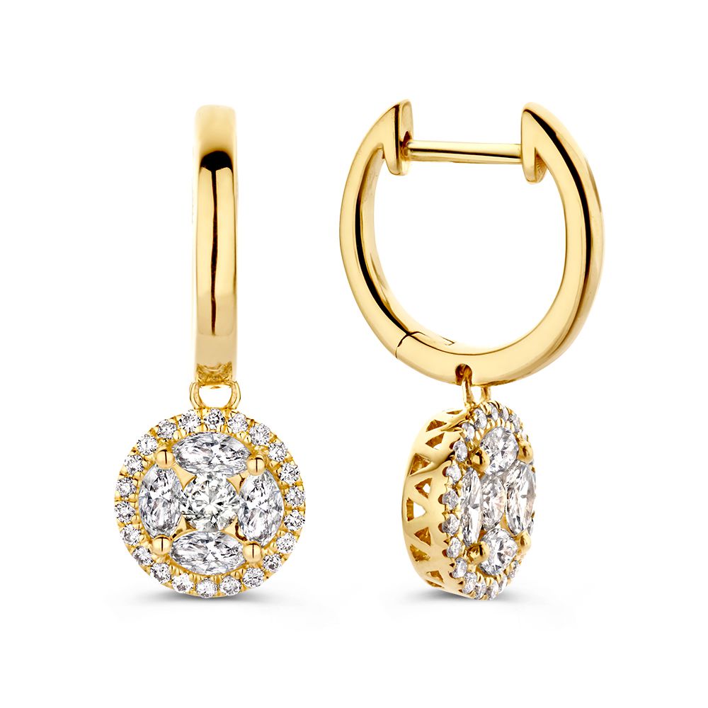 Orecchini eleganti in oro giallo con diamanti da 1,06 ct, design rotondo e dettagli brillanti.