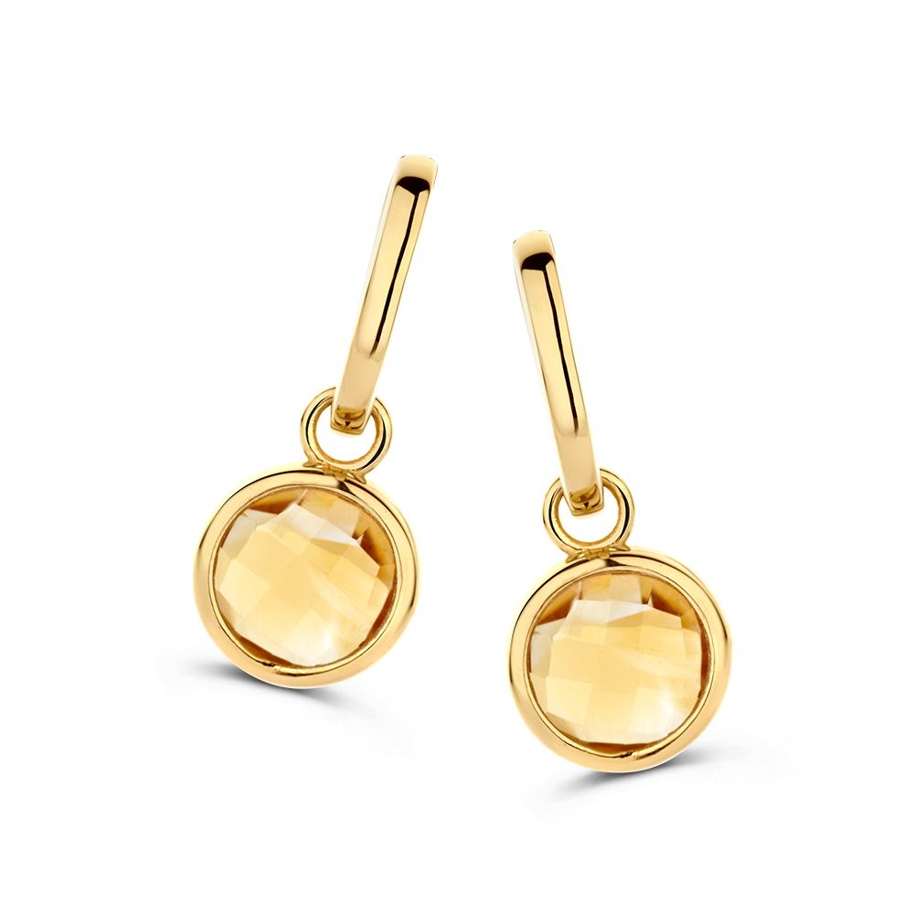 Orecchini in oro giallo con pendenti in citrino, forma rotonda e finitura lucida.