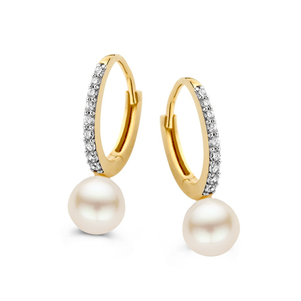 Orecchini in oro giallo 14K con perla e zirconi, pendenti eleganti per donne.