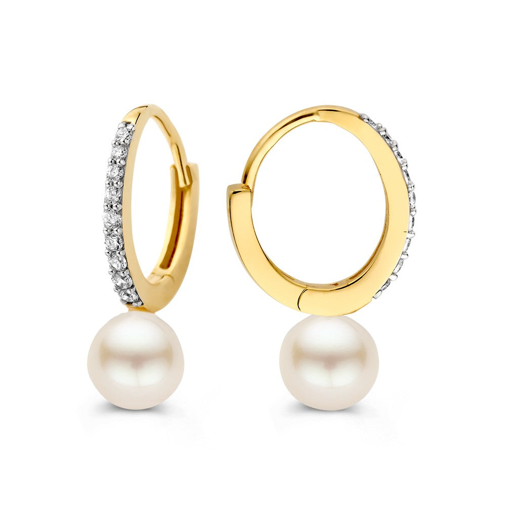 Orecchini a Cerchio in Oro Giallo 14K con Perla e Zircone – Ciondoli Eleganti per Donna