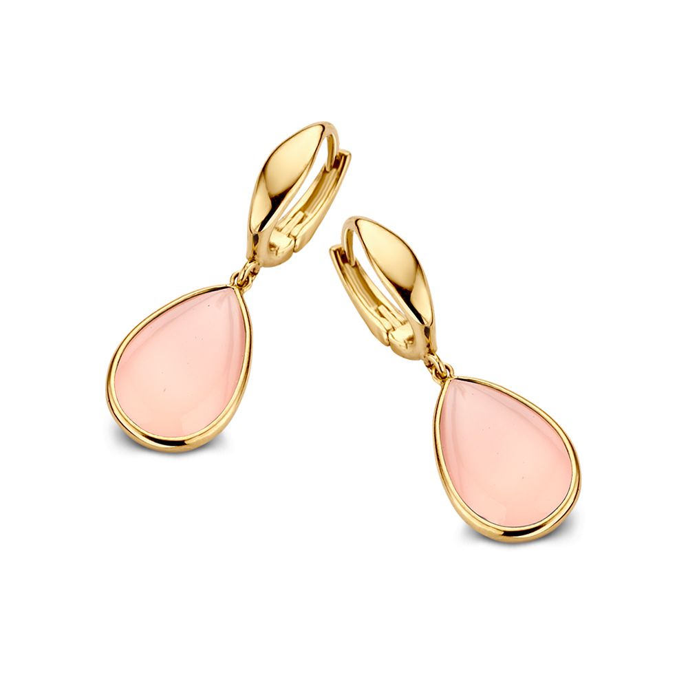 Orecchini alla creola in oro giallo con goccia di calcedonio rosa.