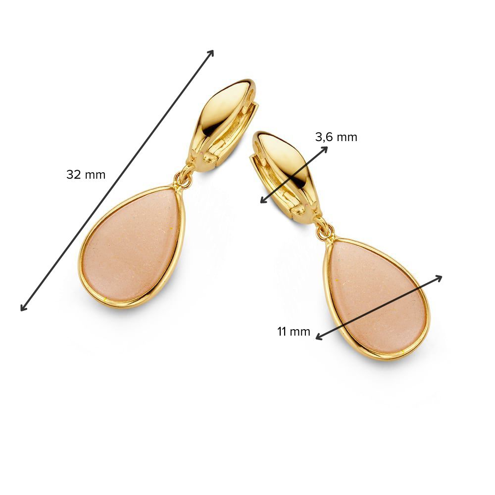 Orecchini a Cerchio in Oro Giallo con Ciondoli in Pietra di Luna Rosa – Un Look Sottile e Incantevole