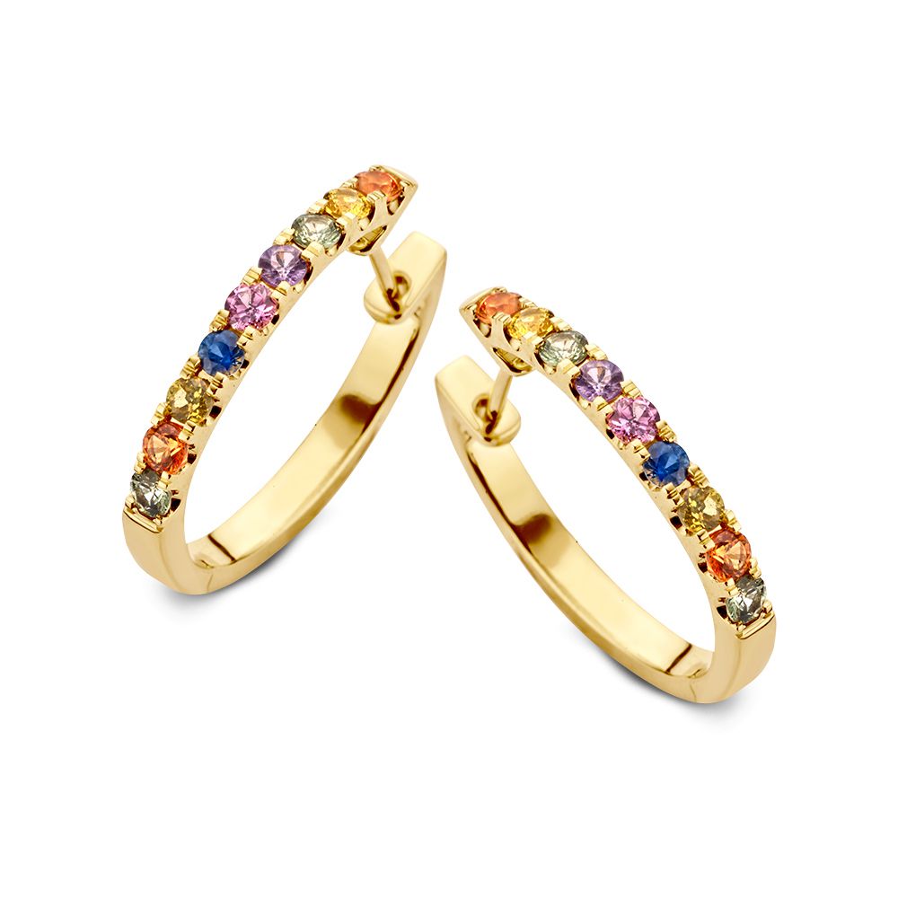 Orecchini in oro giallo con zaffiri arcobaleno, forma circolare e dettagli colorati.