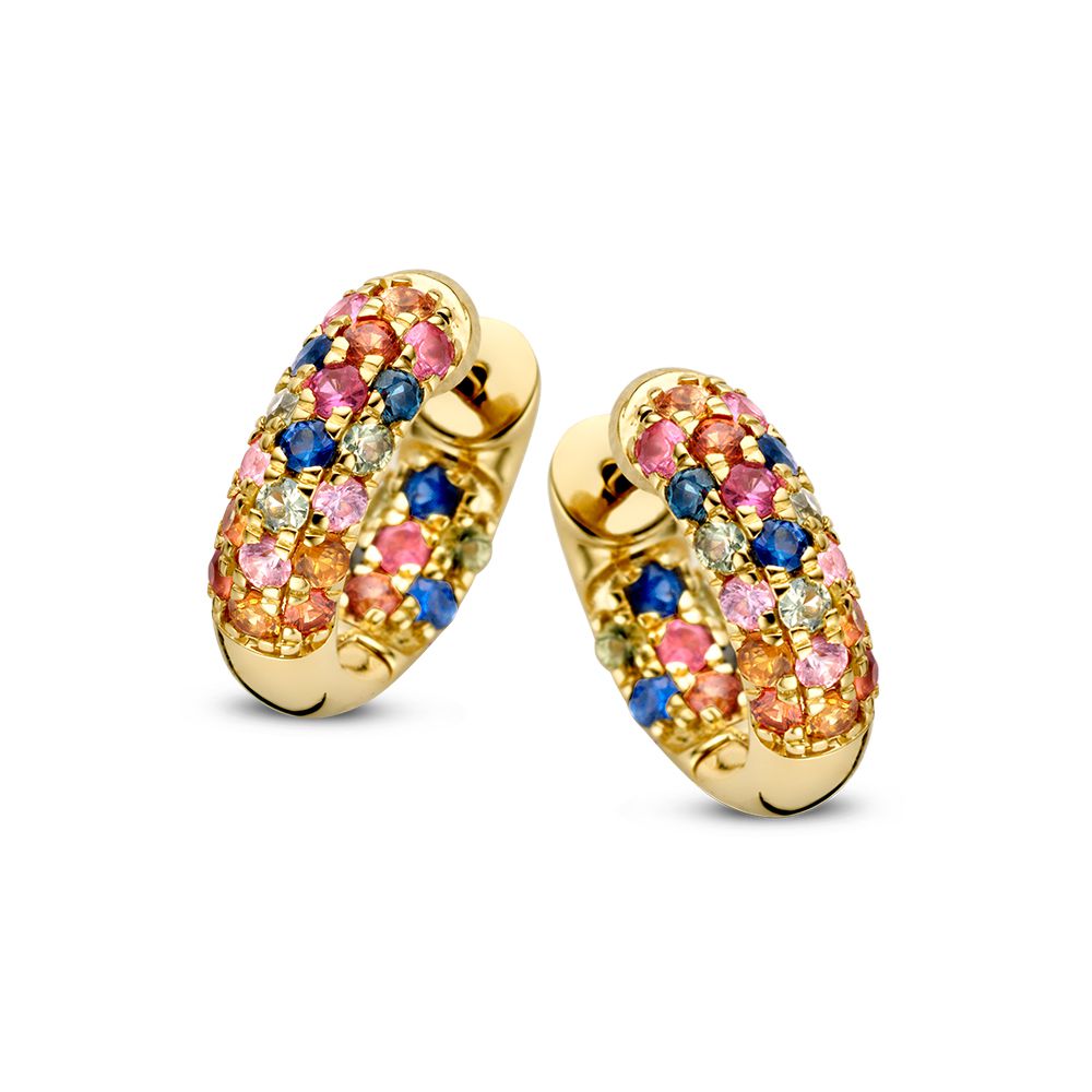 Orecchini in oro giallo con zaffiri arcobaleno in elegante pavé.