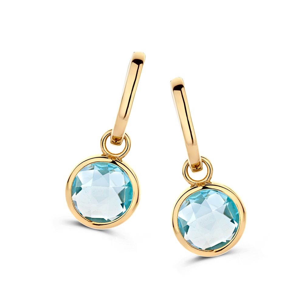 Orecchini in oro giallo con pendenti in topazio blu, design semplice e raffinato.