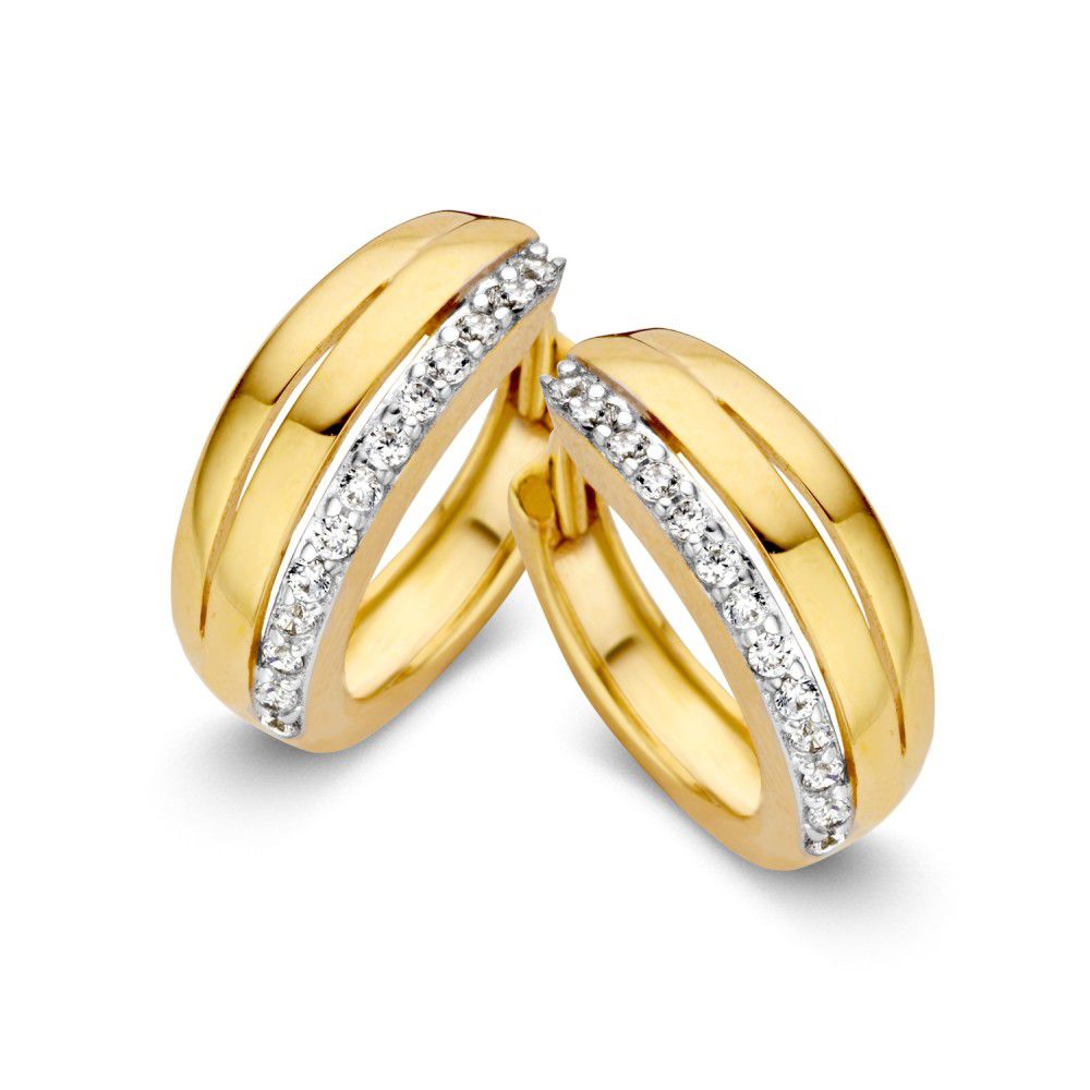 Orecchini in oro giallo con zircone, design curvo e finitura lucida.