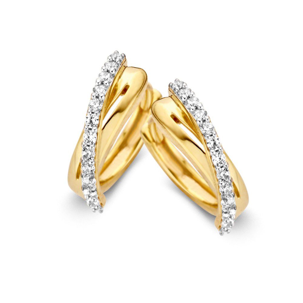 Orecchini eleganti in oro giallo con zircone, dalla forma ondulata e lucida.