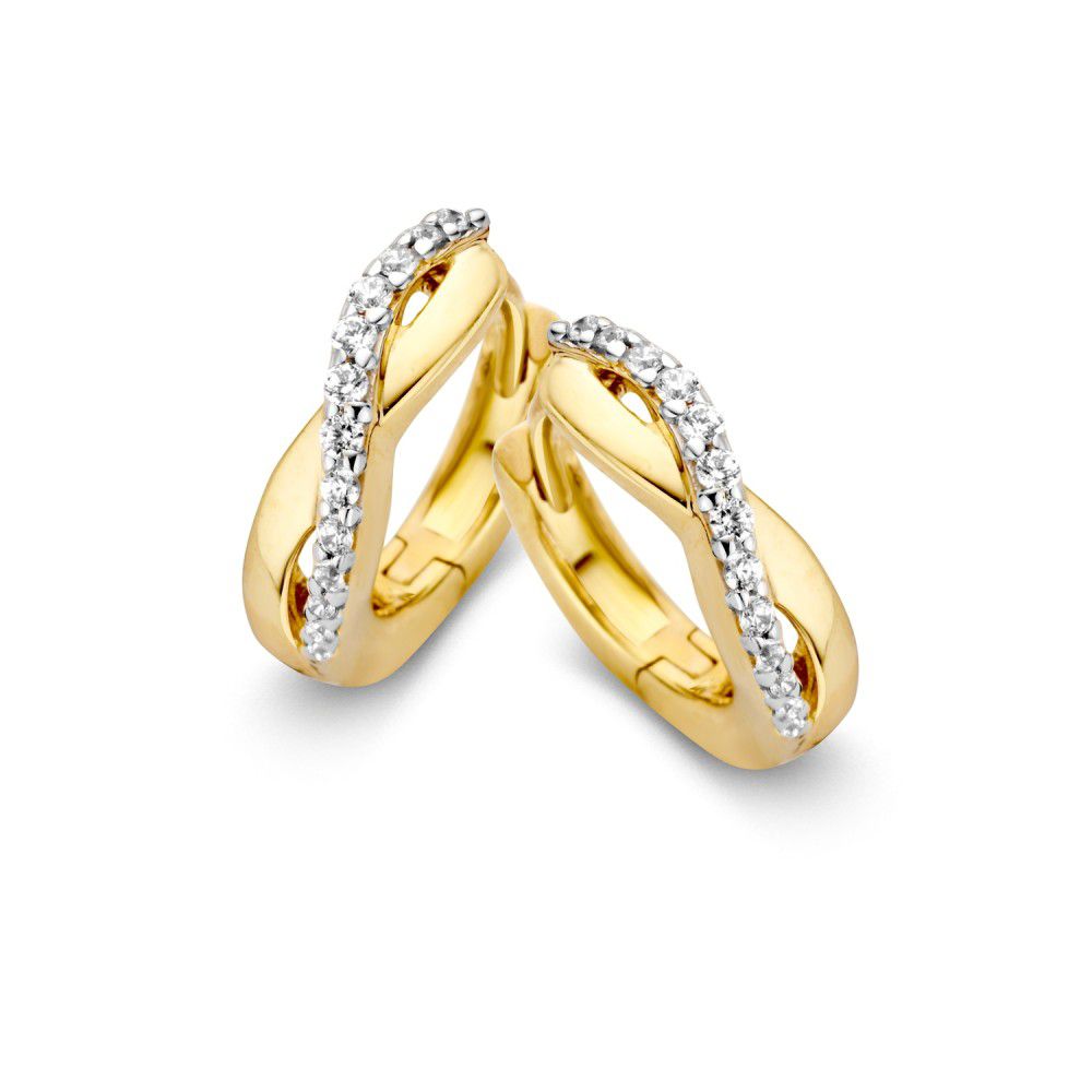 Orecchini in oro con una fila di zirconi scintillanti e design sinuoso.