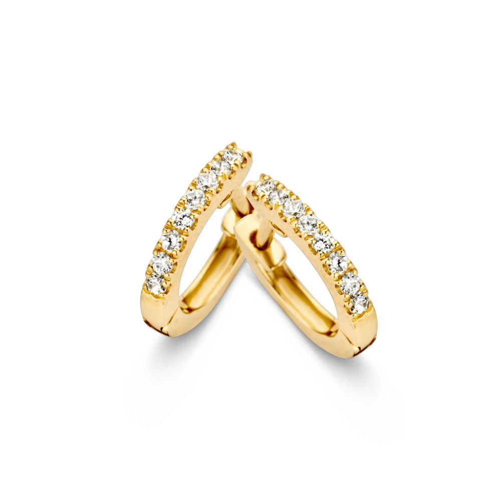 Orecchini in oro giallo con zircone, forma curva e finitura lucida.