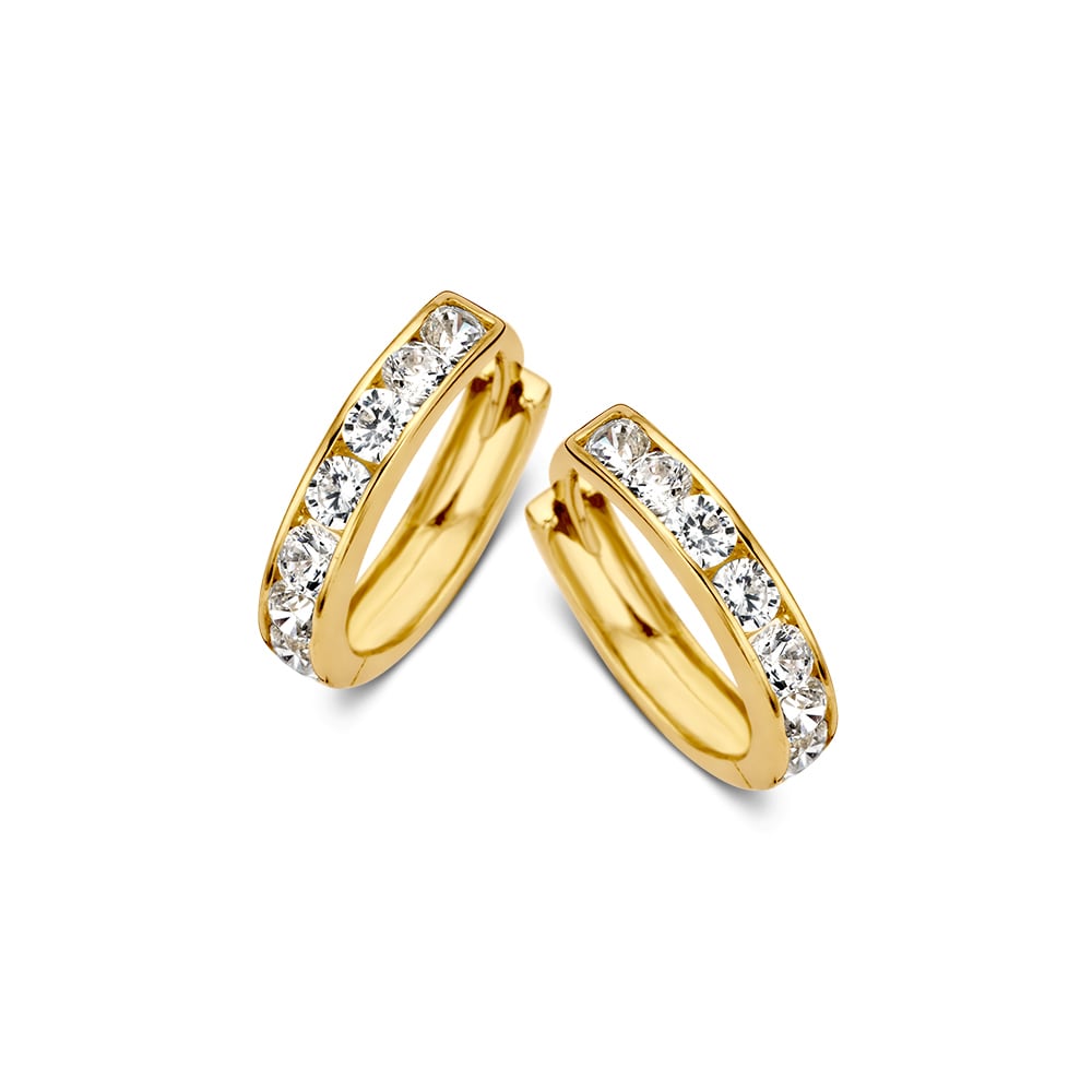 Orecchini in oro giallo con zirconi in incastonatura a binario, design elegante e raffinato.