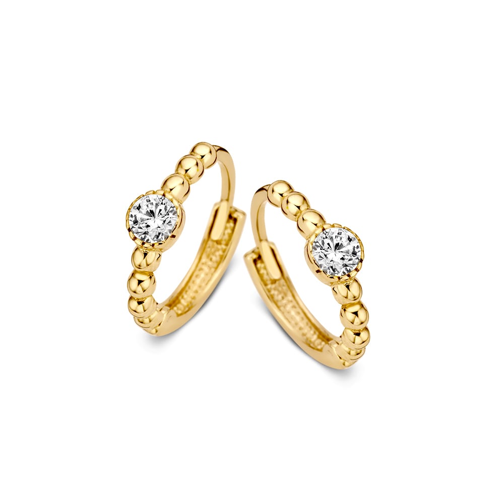 Orecchini in oro giallo con pallini dorati e zirconi, design sottile e giocoso.