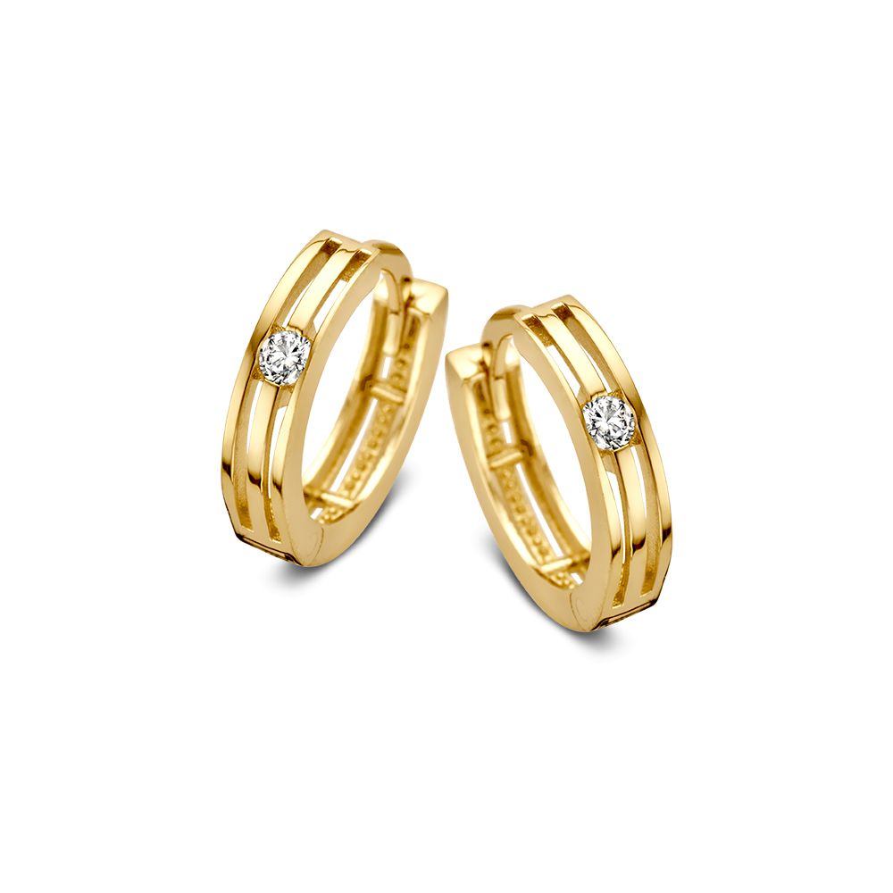 Orecchini in oro giallo con zircone, design elegante a strisce, forma circolare.