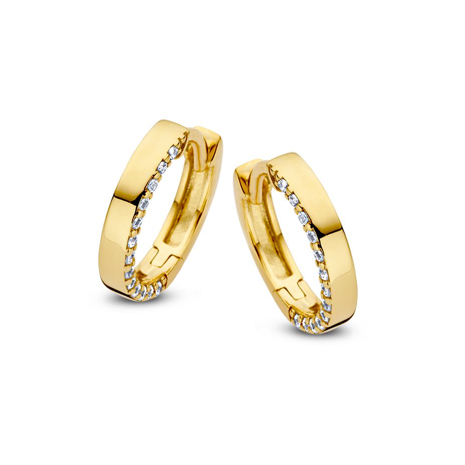 Orecchini in oro giallo con zircone, forma a cerchio e finitura lucida.