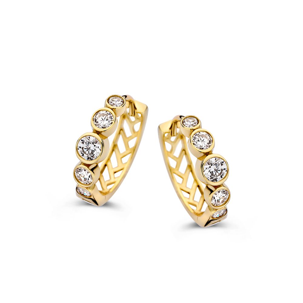 Orecchini in oro giallo 14 carati con zircone, design a cerchio con incastonature rotonde.