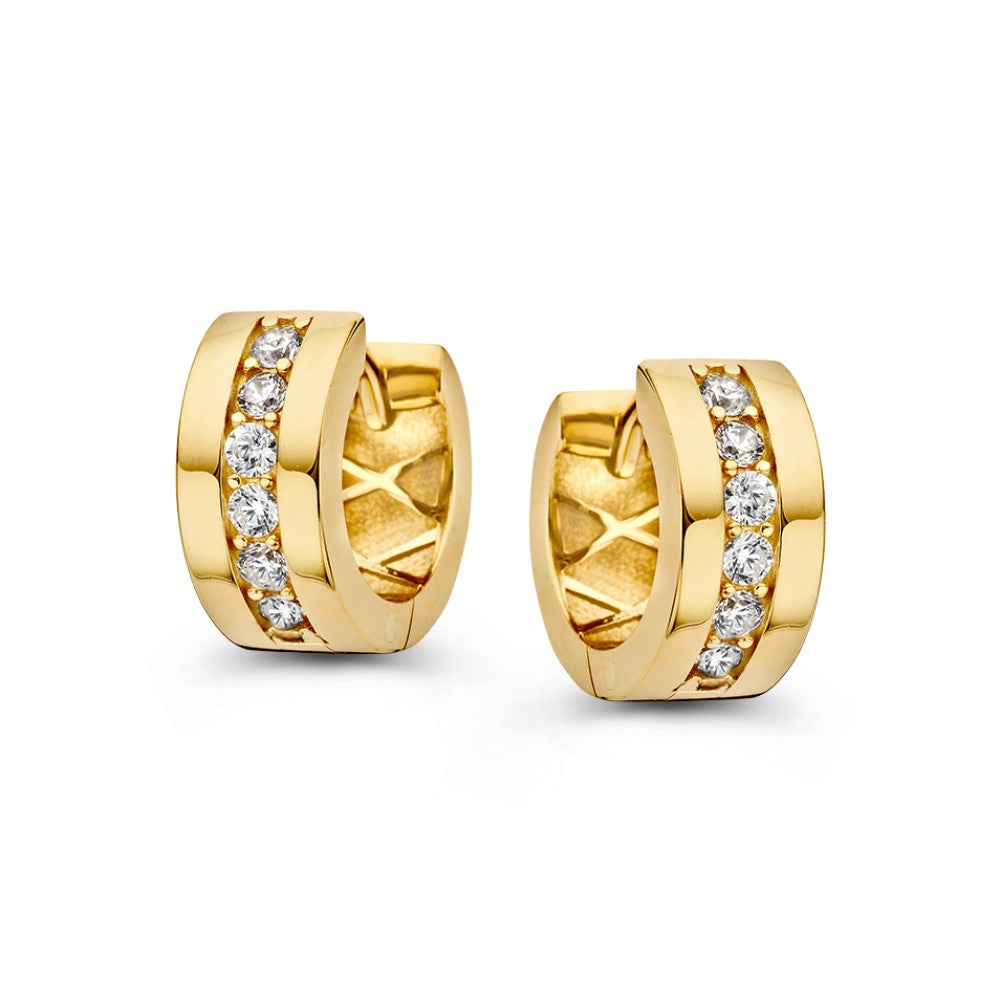 Orecchini alla creola in oro giallo con zircone, design moderno e linee pulite.