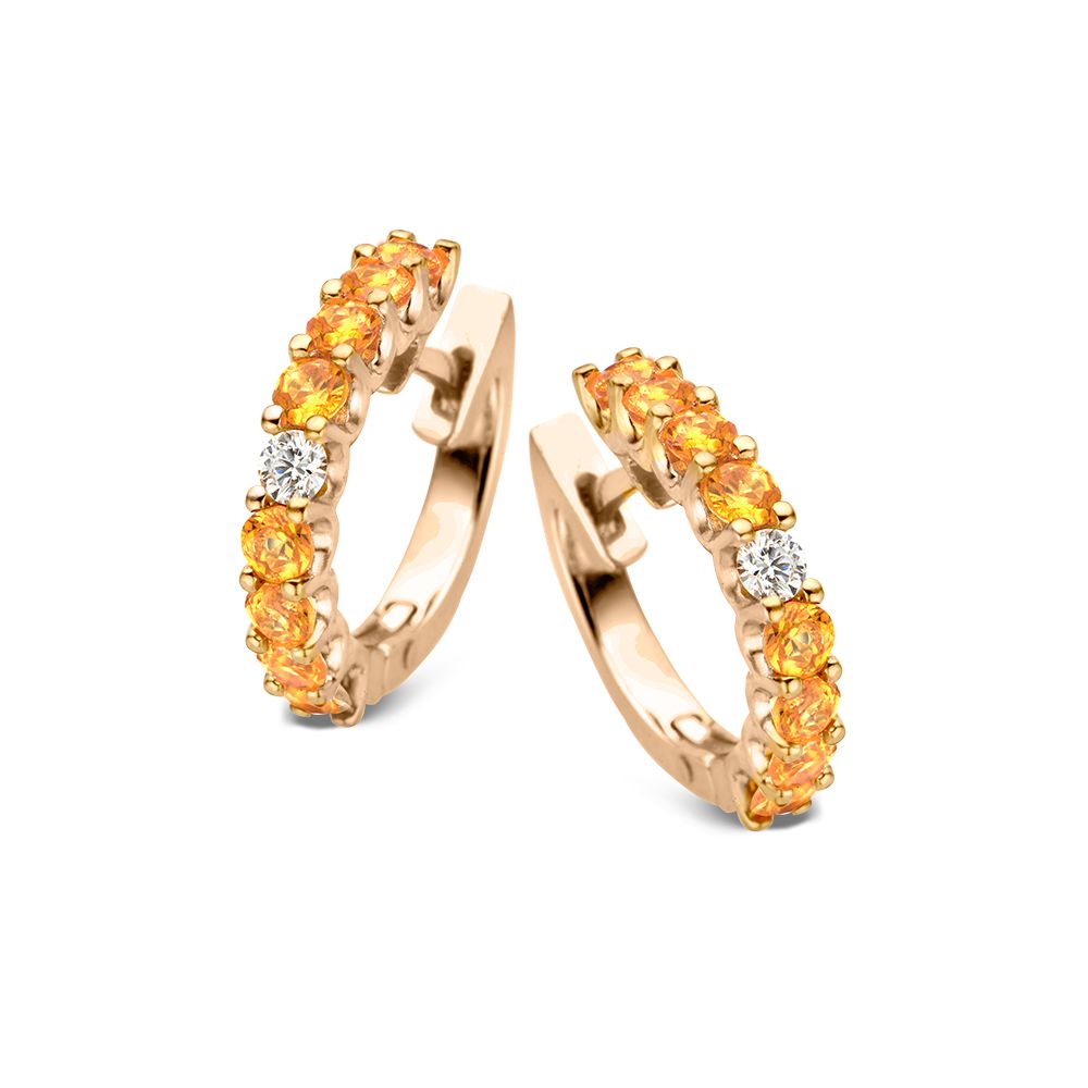 Orecchini in oro rosa 18kt con zaffiri arancioni e diamanti, design curvo e brillante.