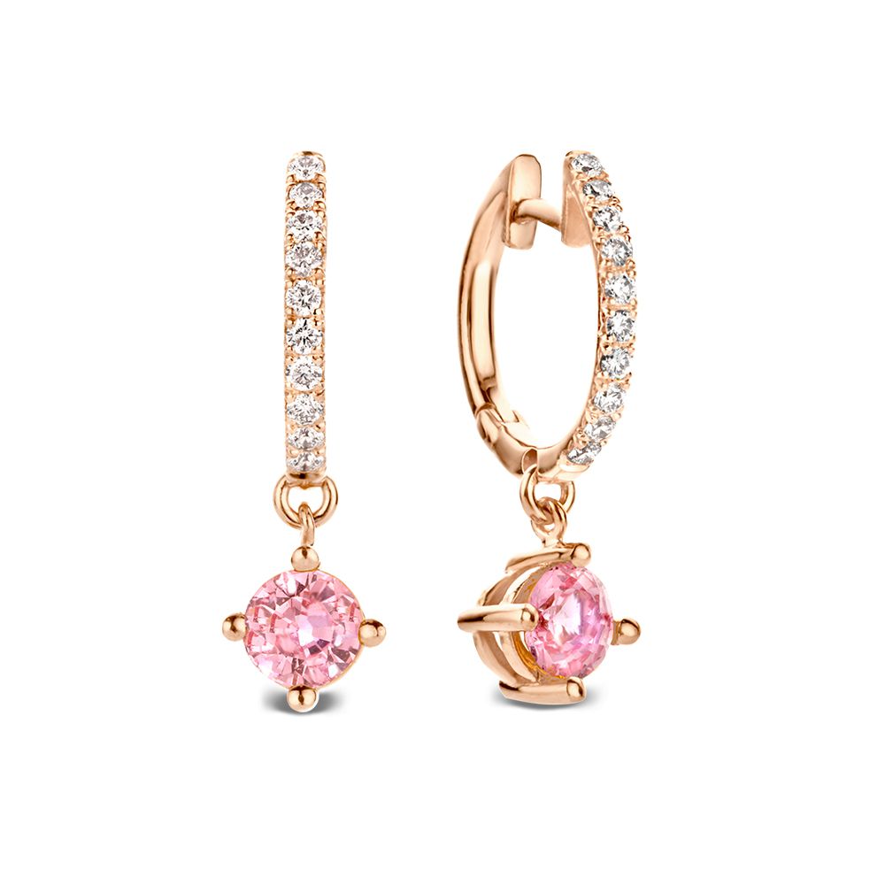 Orecchini in oro rosa con diamanti e zaffiri rosa, design a cerchio con pendente.