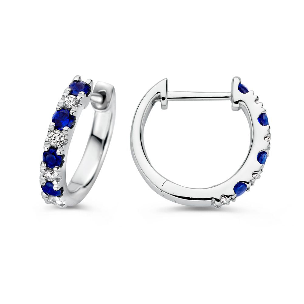 Splendidi Orecchini a Cerchio in Oro Bianco con Diamante e Zaffiro Blu – 0,40 crt zaffiro e 0,10 crt diamante