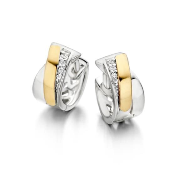 Orecchini in argento con dettagli in oro e zirconi, design moderno e raffinato.