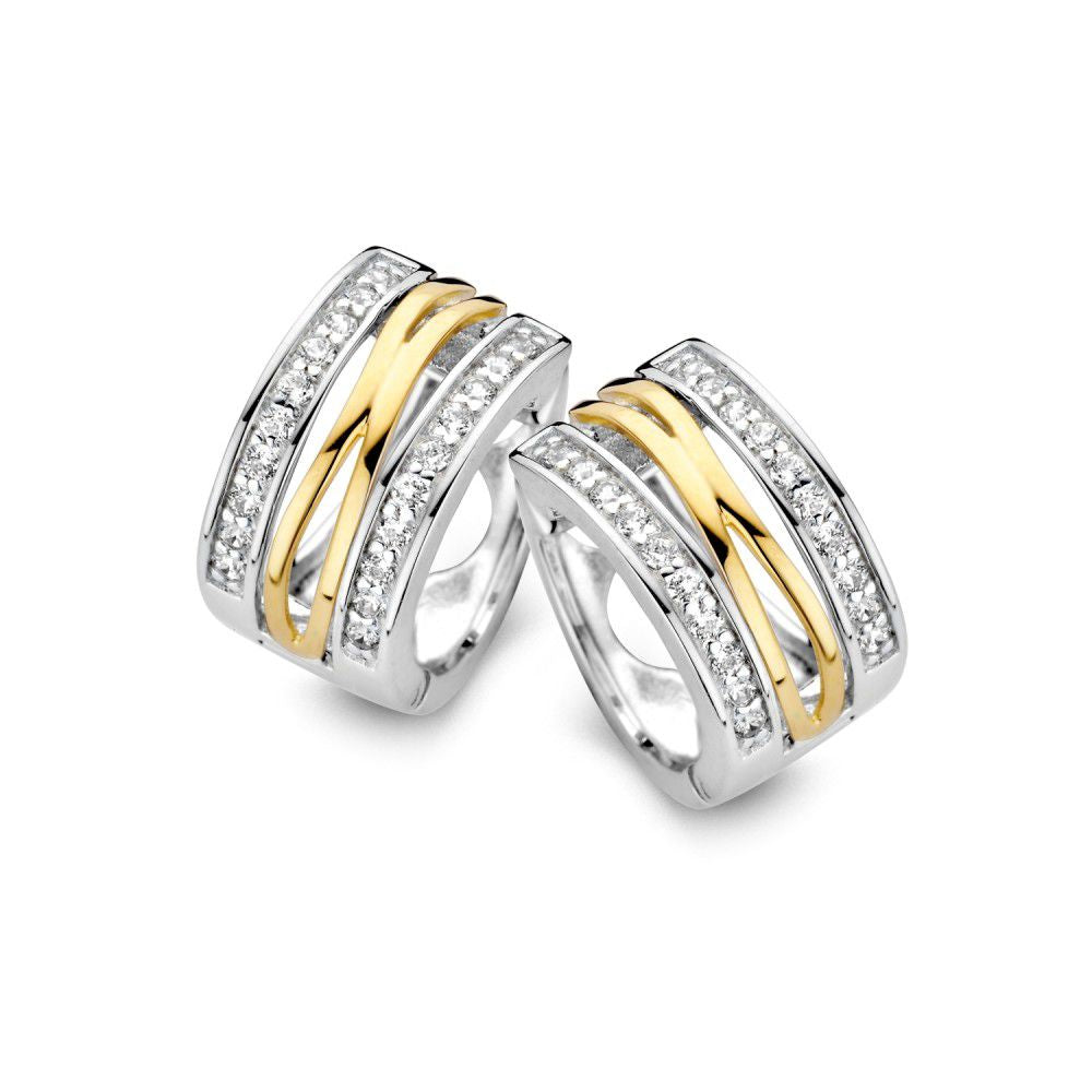 Orecchini eleganti in argento e oro con zircone, diametro di 12 mm.