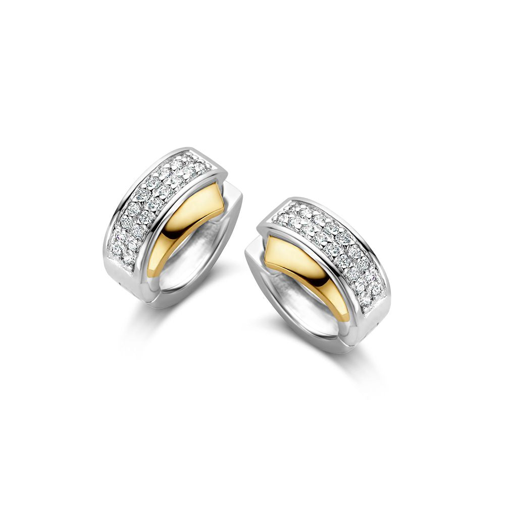 Orecchini eleganti in argento e oro con zirkoni, design a doppio strato.