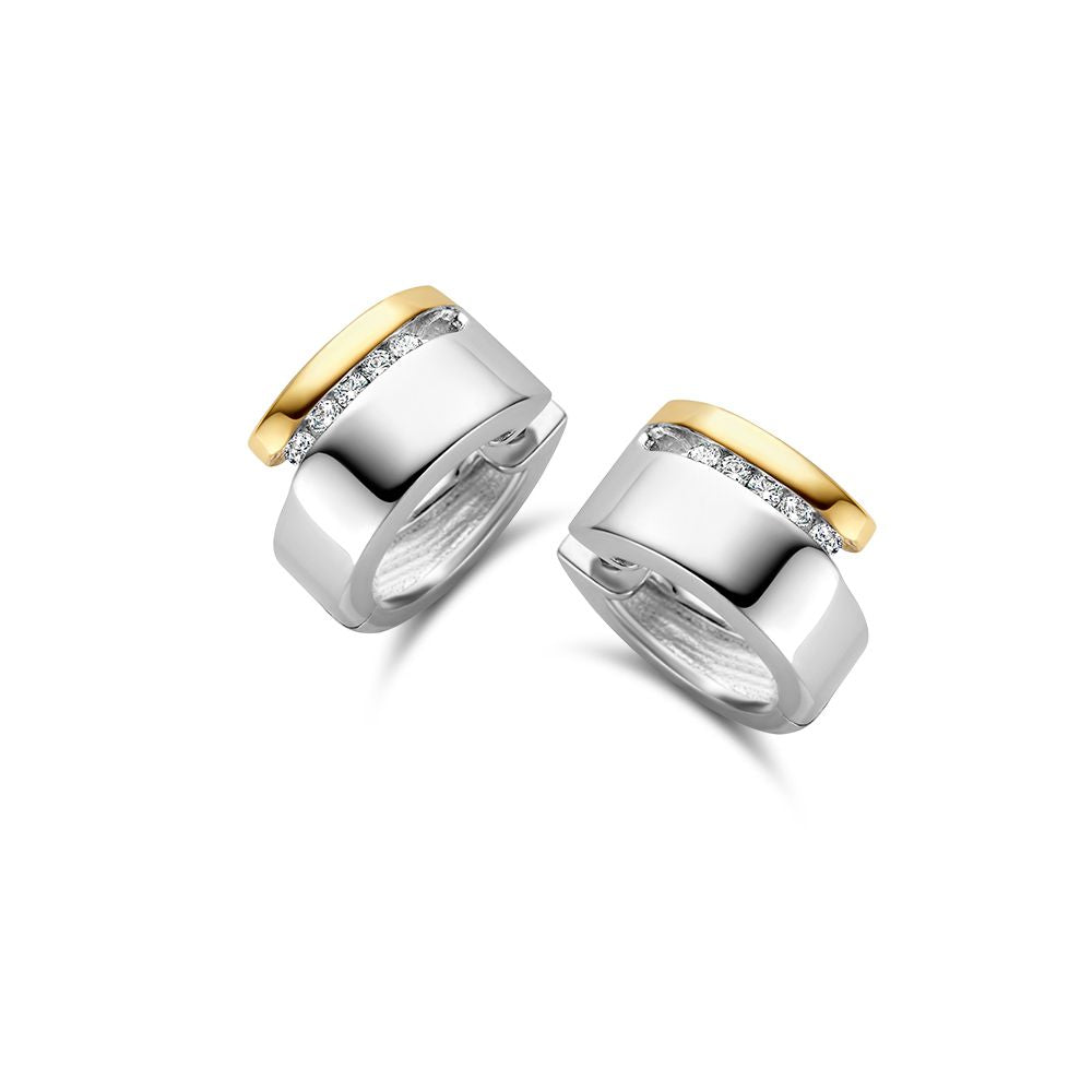 Orecchini argentati e dorati in oro 14 carati con zircone, forma rotonda e design sottile.