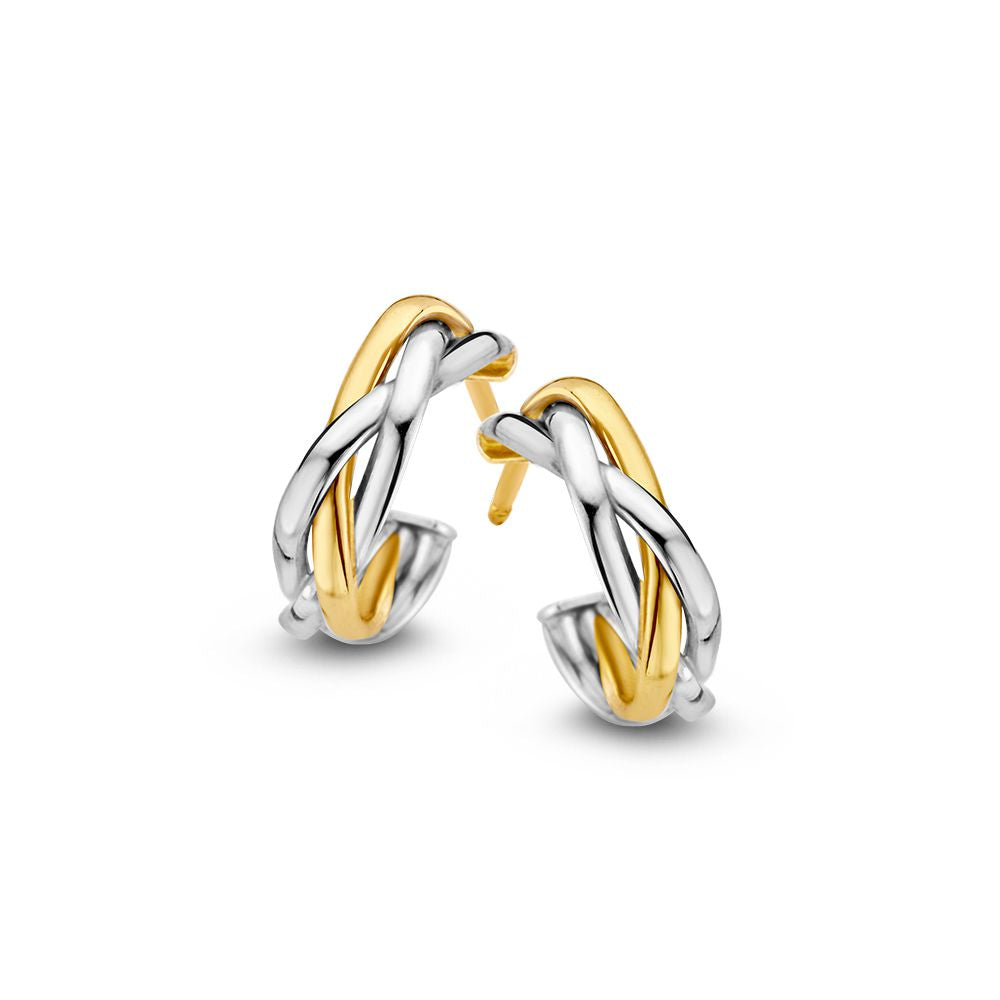Orecchini a cerchio intrecciati bicolore in oro 14 carati, diametro di 11 mm.