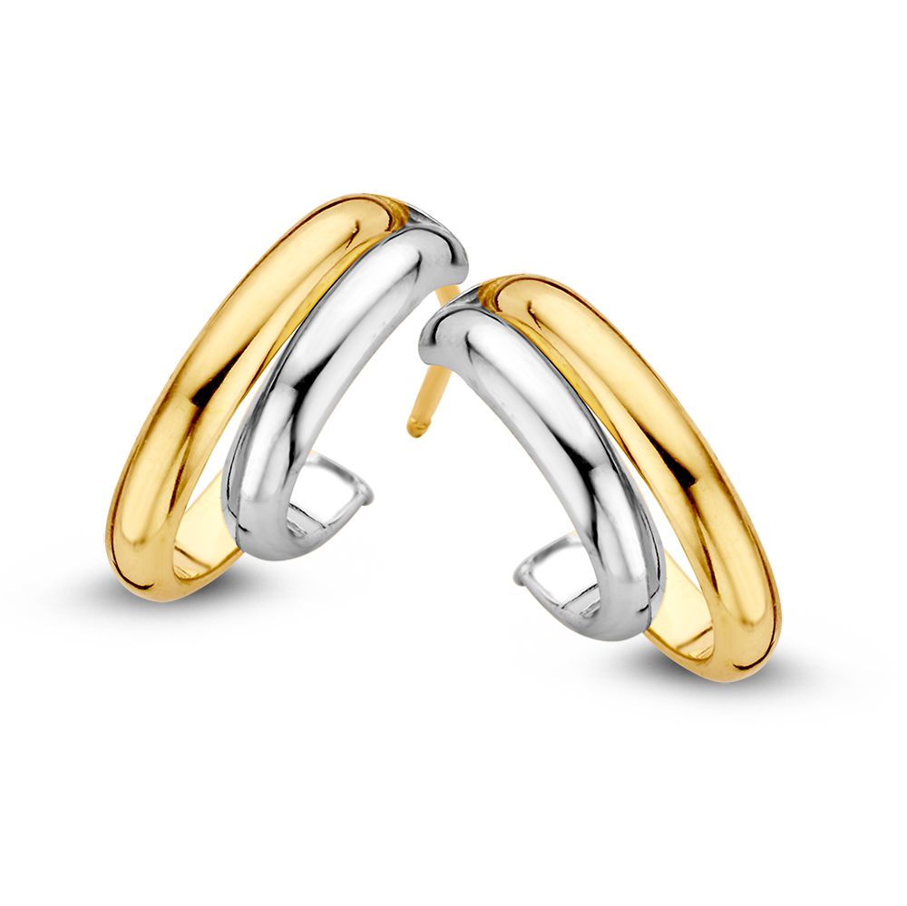Orecchini in oro bicolore 14 carati, con finitura lucida, giallo e bianco, forma ondulata.